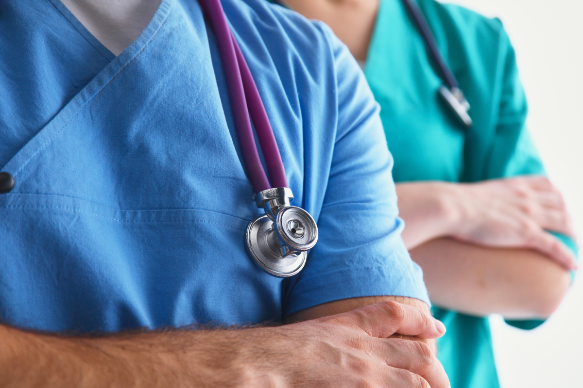 Closeup of doctor scrubs and stethoscope